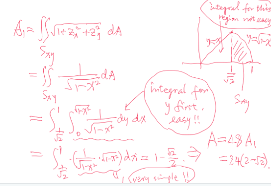Symmetry reduces the surface-area calculation to one representative curved patch.